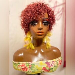 Short Curly Cognac Red Human Hair Wig